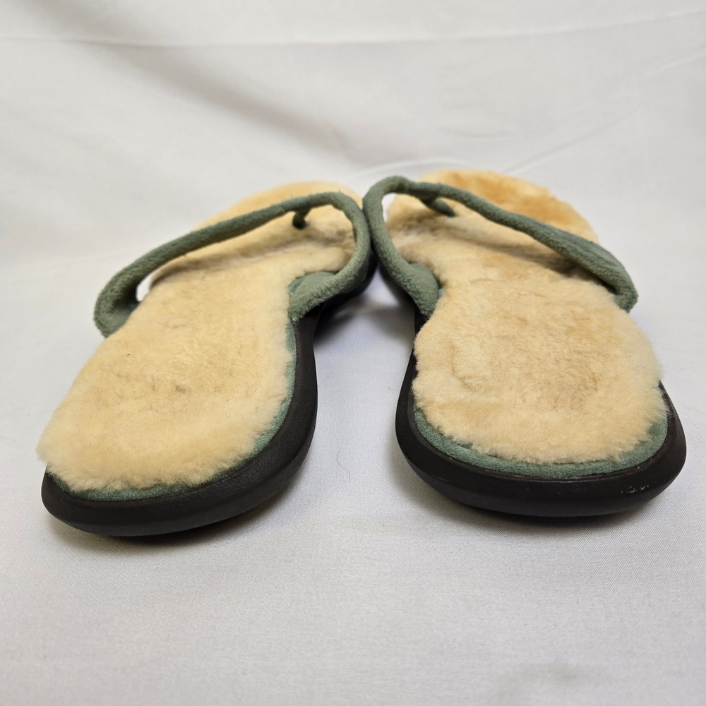 L.L. Bean Wicked Good Shearling Lined Flip Flops Green Tan 290382 Size 11 Medium - Picture 5 of 11